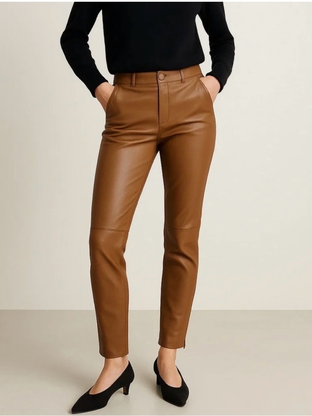 Zara Fall Cozy Chocolate Brown Faux Leather Straight-Leg Pants Elastic Waist XL